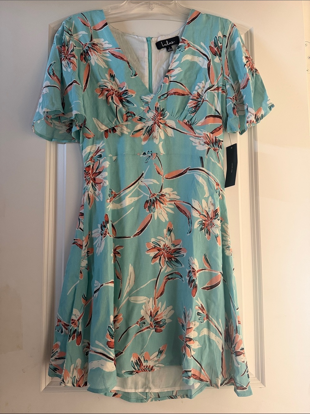 Lulu's Teal Floral V-Neck Short Sleeve A-Line Dress